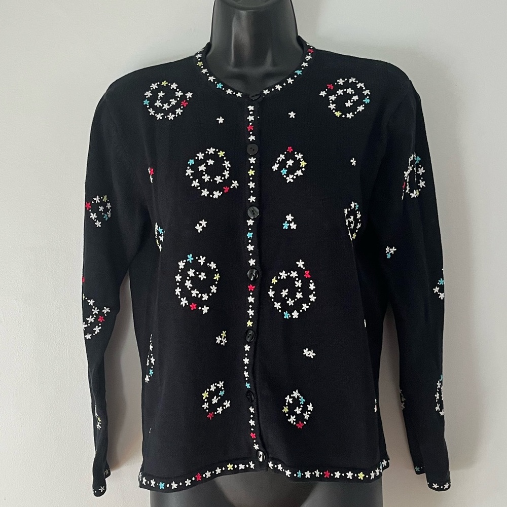 Talbots Cottagecore Black Cotton Embroidered Cardigan, Size Small Petite